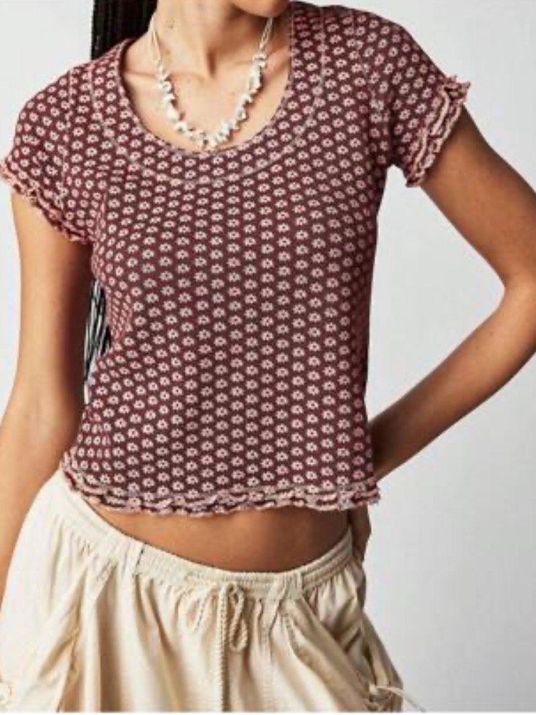Free People Thermal Knit Floral Baby Tee Pink Brown Fitted Y2k Fairy Grunge Size